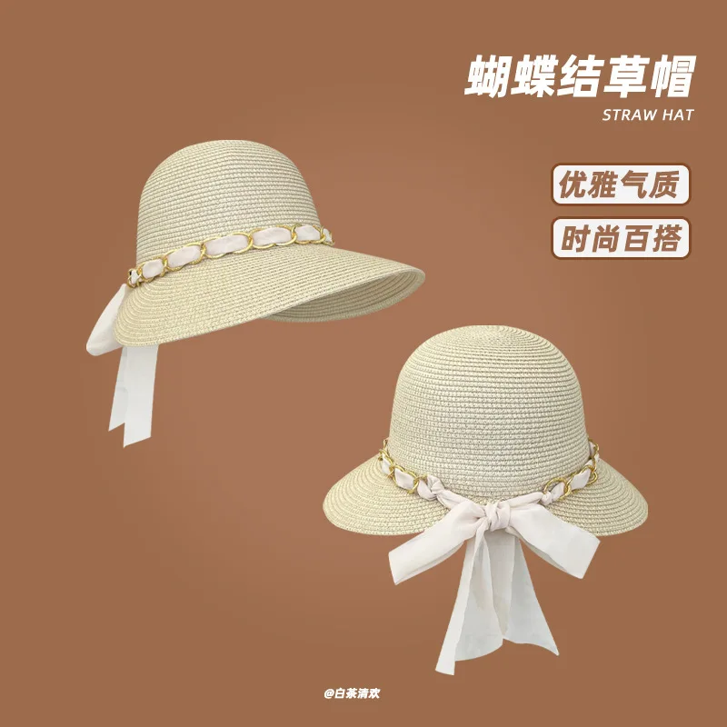 2024New French Elegant Big Brim Straw Bucket Hat Women's Summer Seaside Vacation Beach Bucket Hat All-Match Straw Hat