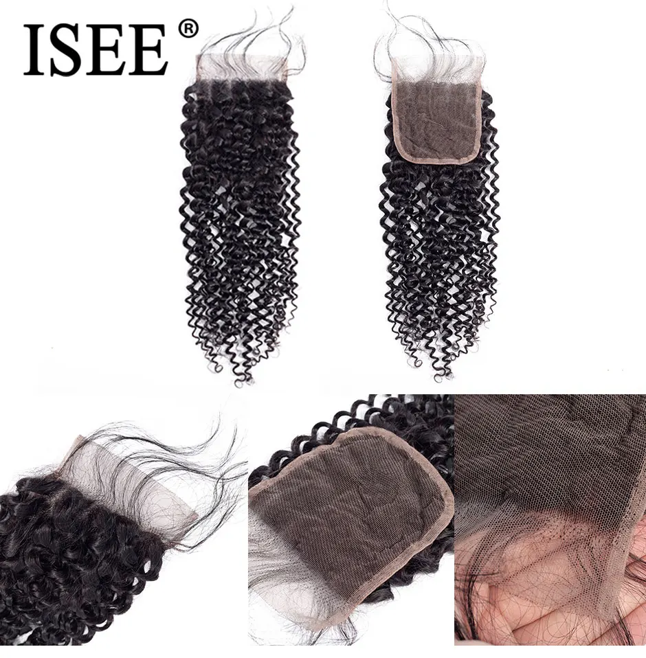 ISEE HAIR Kinky Curly Lace Closure 4*4 Free Part 100% Remy Human Hair Bundles 8-20 inch Lace Closure Nature Color