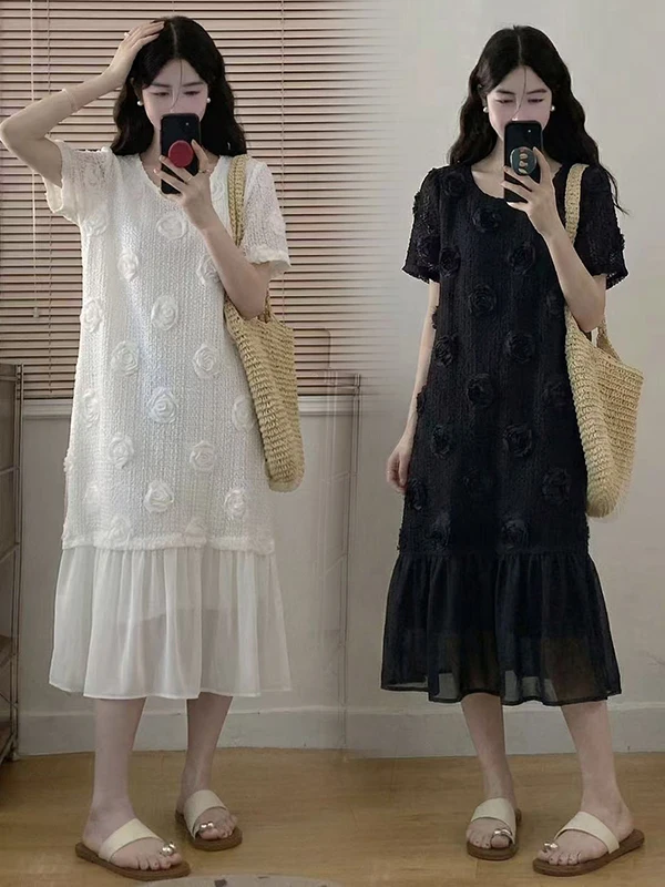 

Summer Hepburn Style plus Size Dress Embroidered Loose Fit Flattering High Waist A-Line Skirt Short Sleeve Mid-Length Dress