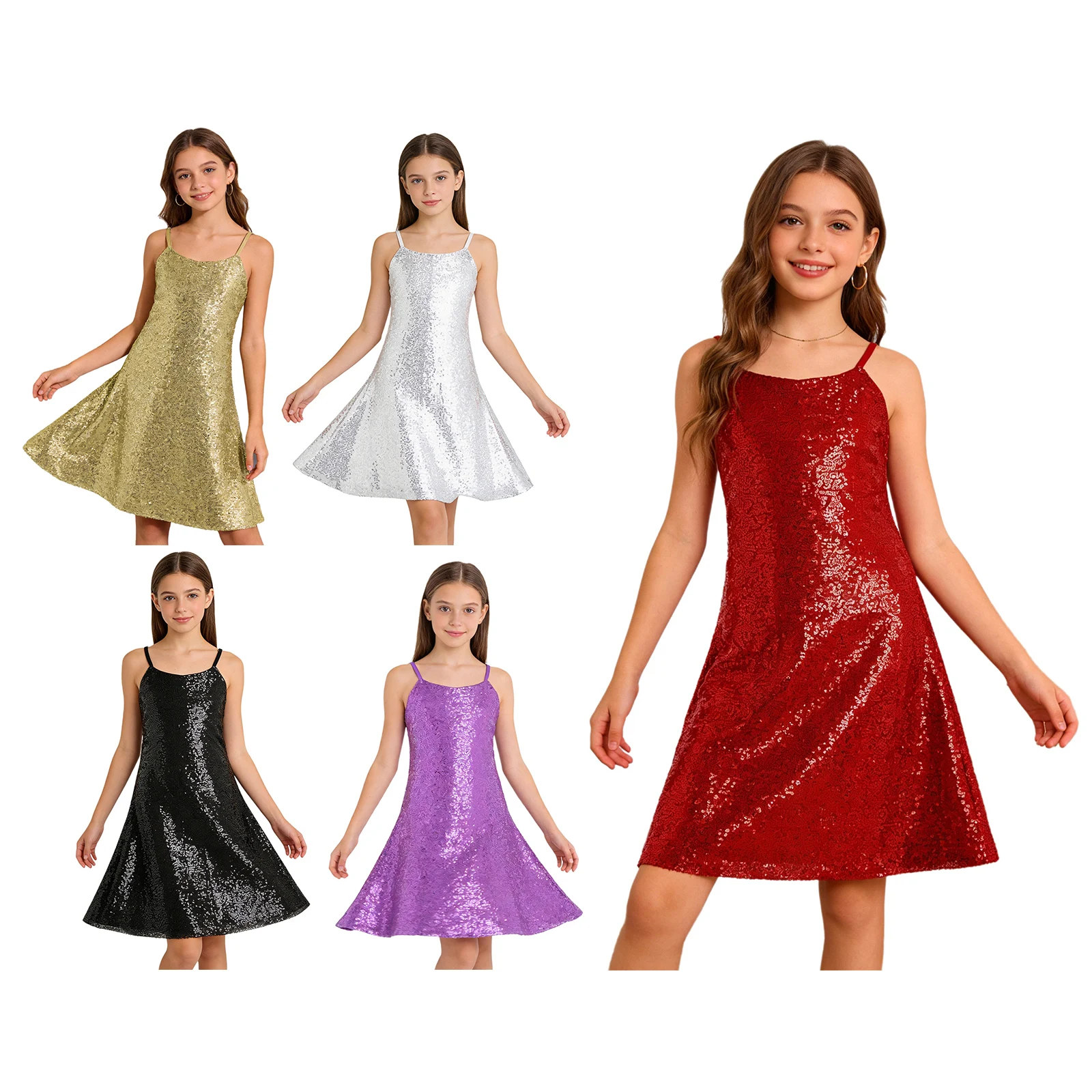 Kids Girls Sparkly Sequins Cami Dress Adjustable Spaghetti Strap Lining Dresses Birthday Party Pageant Prom Dancing Stage Wear view 4