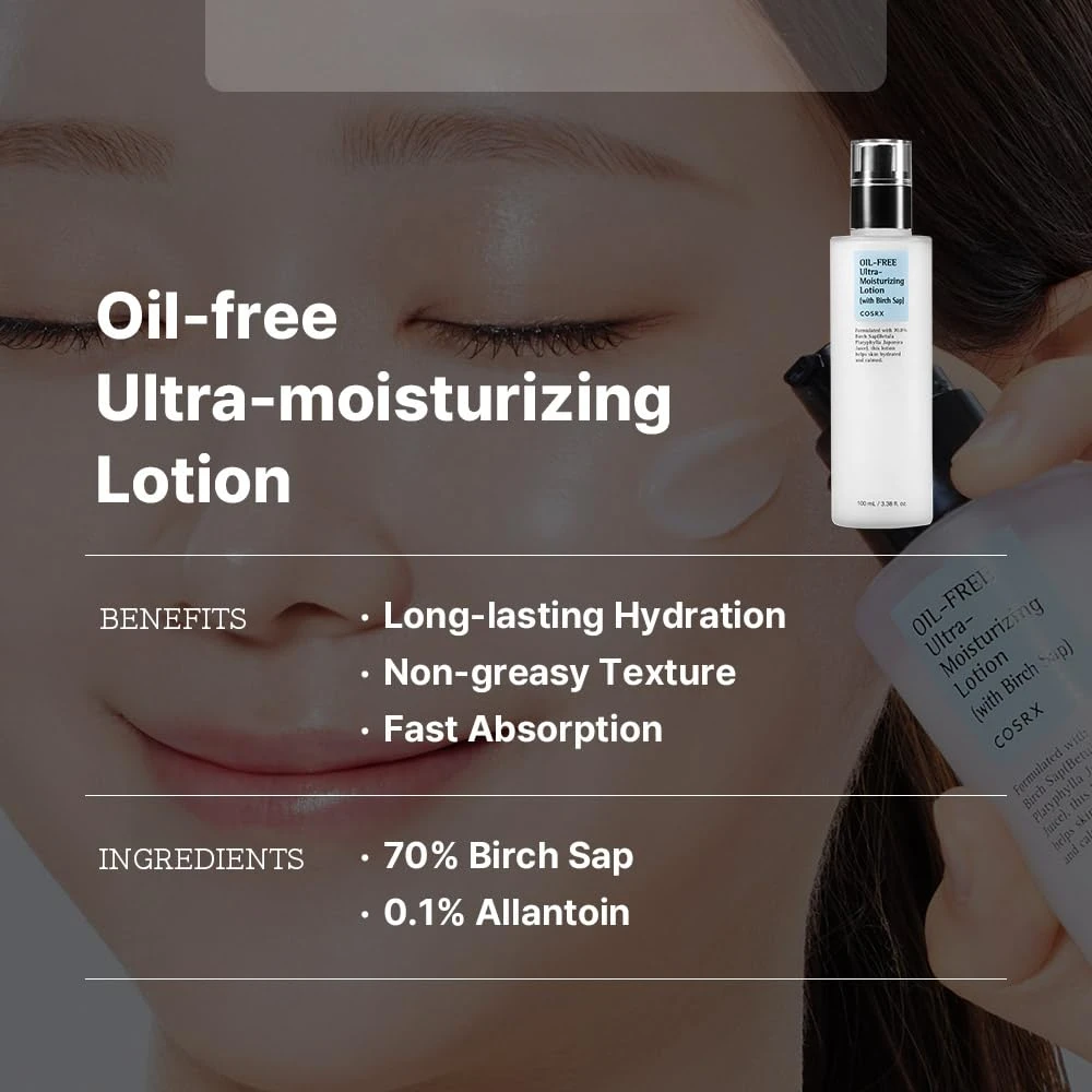 100 mL COSRX Oil Free Lotion with Birch Sap, Daily Acne Facial Moisturizer Hydrating moisturizer for all skin types