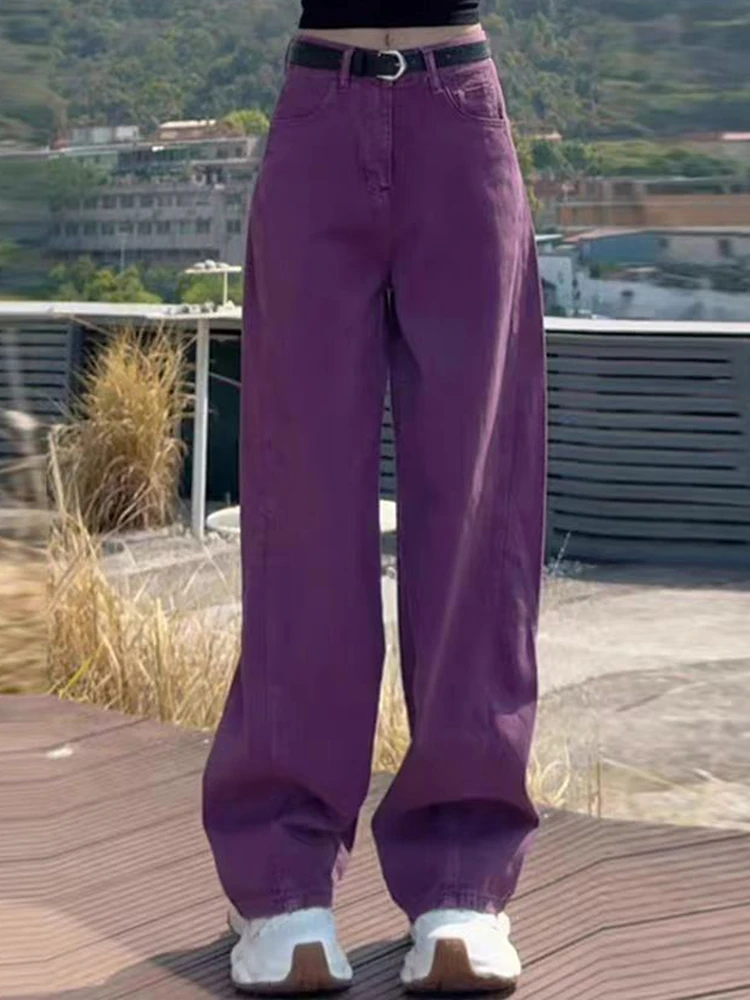 

Американские широкие брюки с высокой талией, женские свободные утягивающие драпированные фиолетовые длинные джинсы, повседневные осенние новые поступления