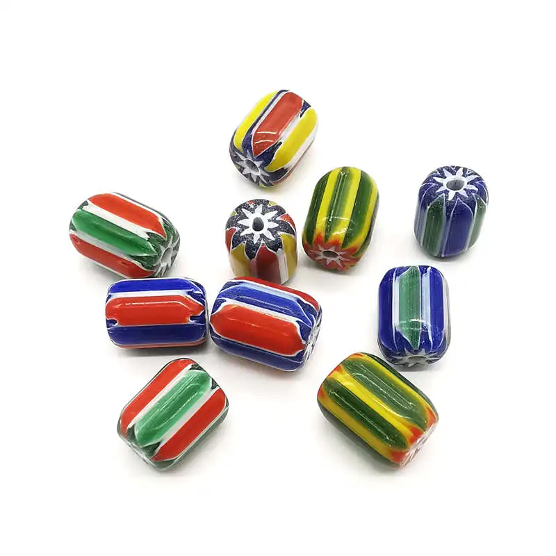 10PCS Hand Lampwork Barrel Beads Safron Rainbow Strips Glaze Simulent Trade Beads TSB0022