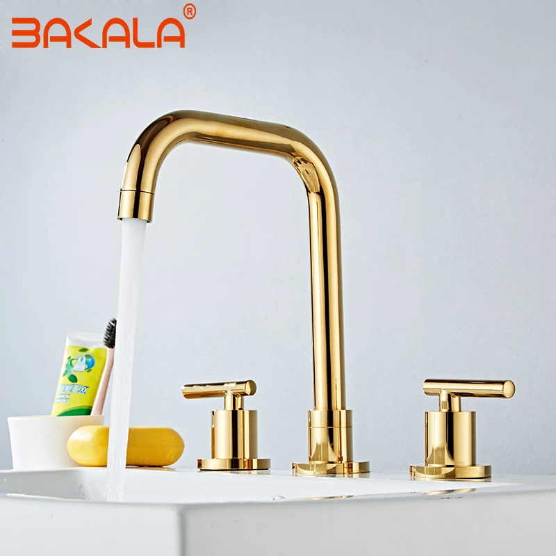 Basin Faucets Brass Polished Chrome Deck Mounted Round Bathroom Sink Faucets 3 Hole Double Handle Hot And Cold Water Tap BR-711