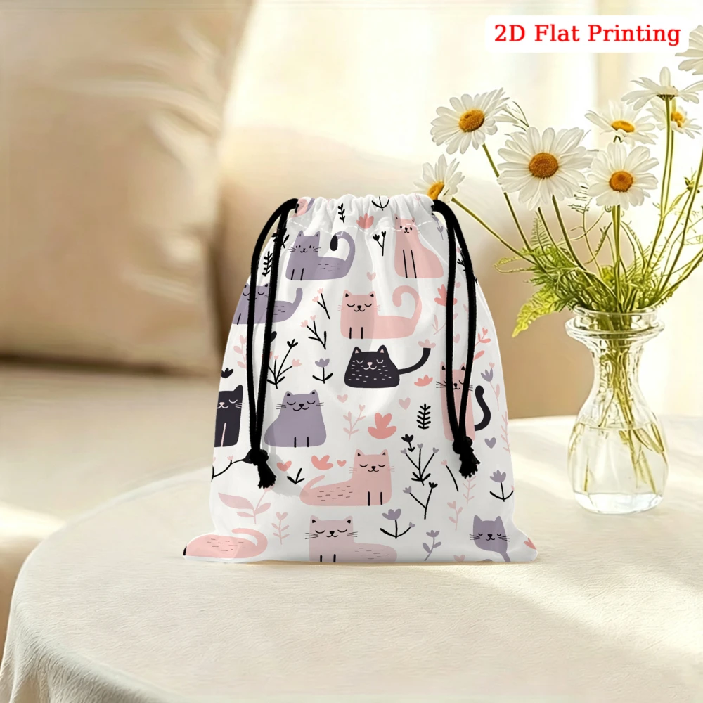 1pc Cartoon Cat Print Drawstring Bag White Cute Kitten Pattern Storage Small Pouch For Glasses Cosmetics Travel Organizer Portab