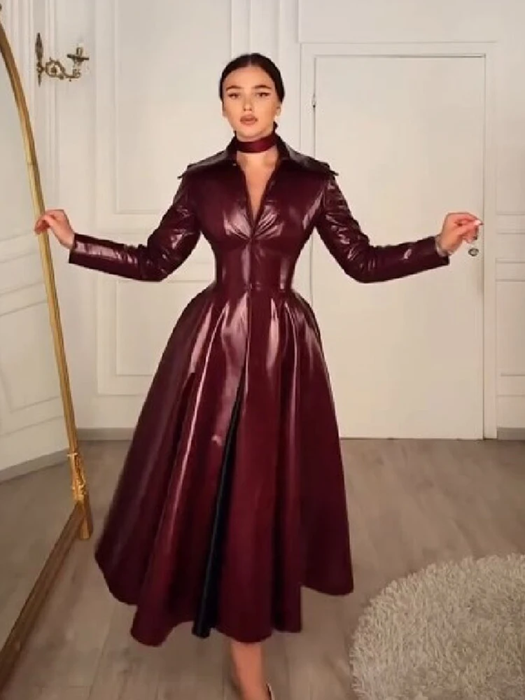 Elegant A‑line Faux Leather Long Coat Women Wine Red Lapel Collar V‑neck Cinched Waist Flare Jacket Evening Party Lady Outerwear