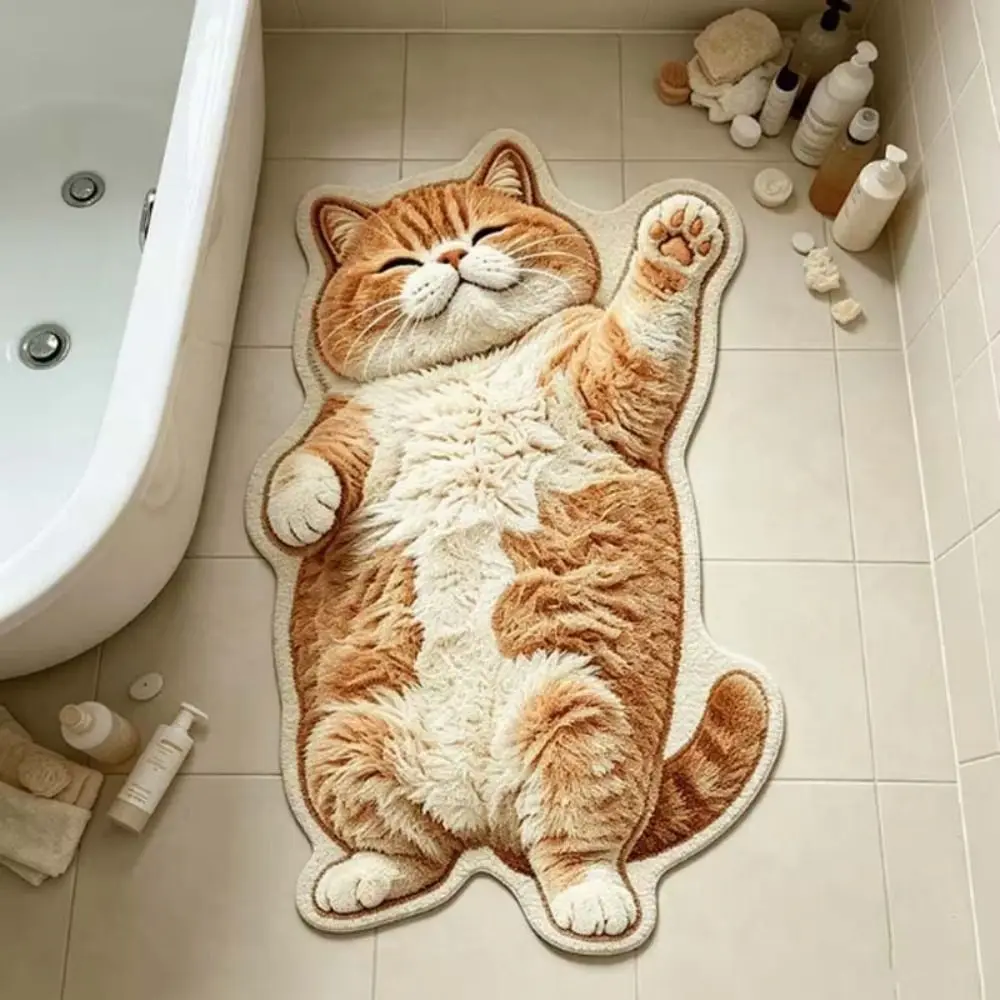 Special-shaped Cat Floor Mat Absorbent Non Slip Backing Cat Shaped Carpet Soft Surface Cat Pattern Bathroom Floor Mat