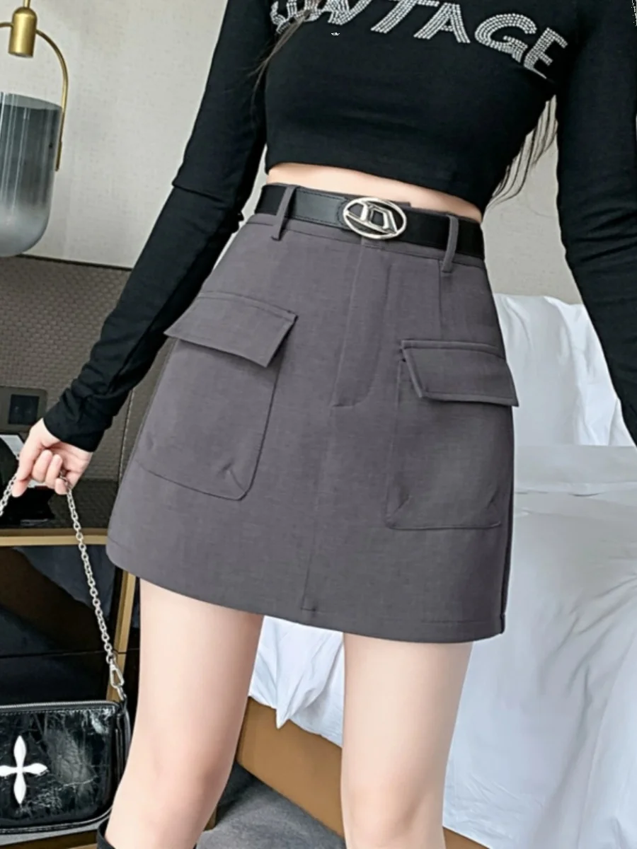 Design Sensation  Workwear  Skirt Women's Autumn Winter High Waist Slim A-Line Short Skirt Belt Fashionable Commute