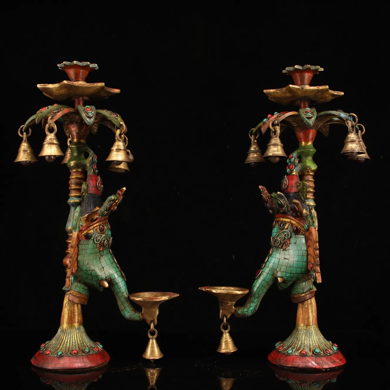 

16"Tibetan Temple Collection Old Bronze Outline in gold Mosaic Gem Elephant Head Oil lamp Candlestick Aeolian Bells Worship Hall
