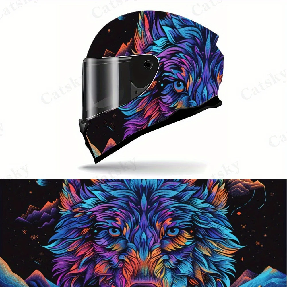 

Retro sci - fi color wolf motorcycle vinyl wraps helmet decal,self-adhesive waterproof helmet decoration,universal motorcycle he