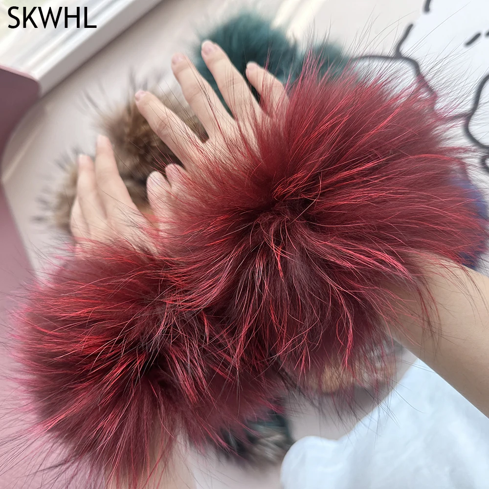 

Women Real Fox Fur Cuffs Wristband Winter Warmer Arm Wrist Raccoon Fur Sleeve Gloves Female Elastic Oversleeve 2pcs