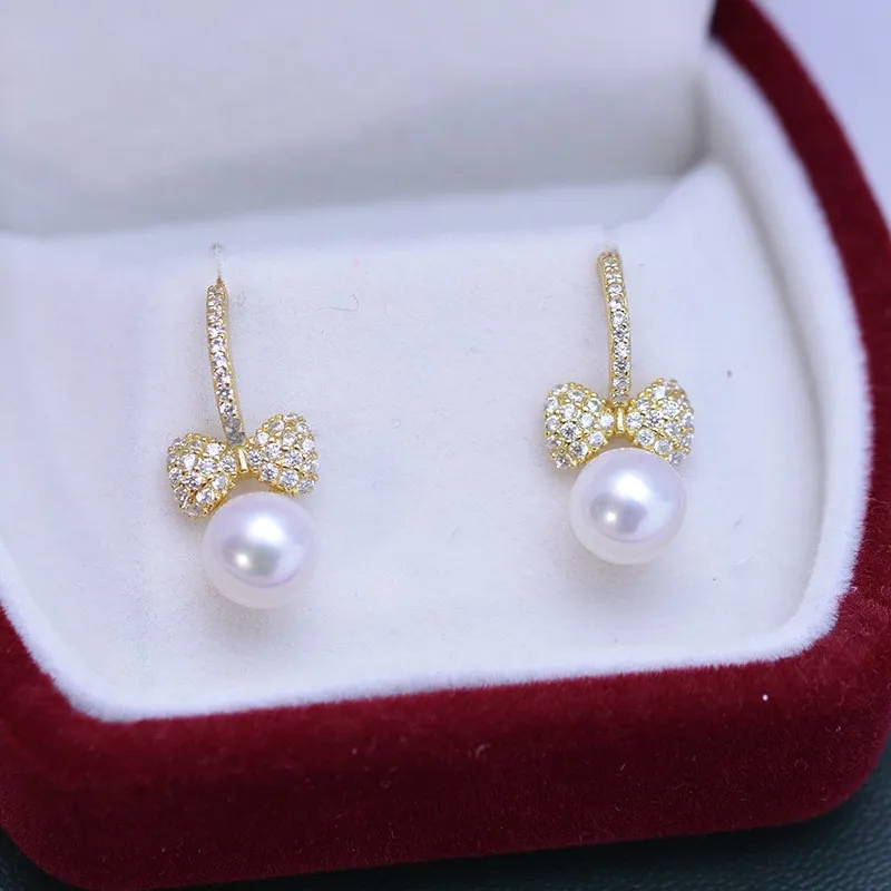 ED028Lefei Fashion Luxury 7-8mm Strong Luster Few Flaw Freshwater Pearl Diamond-set Bowknot Earring For Women 925 Silver Jewelry