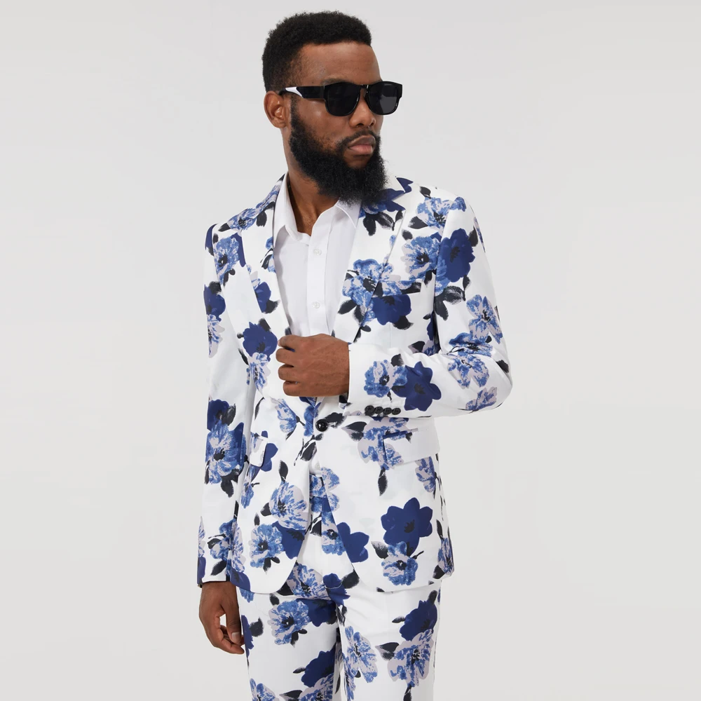 Mens New Fashion Slim Print Blue And White Suits Set 2PCS Suits (Coat+ Pants) Performance DJ Jacket Luxury Singer Star Coat