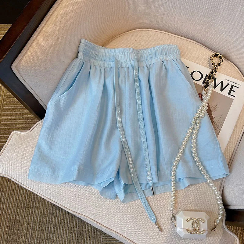 Rebellious Sweet Blue Short Pants Women's Summer 2026 New Candy Color Loose Casual Sports Straight Leg Wide Leg Pants