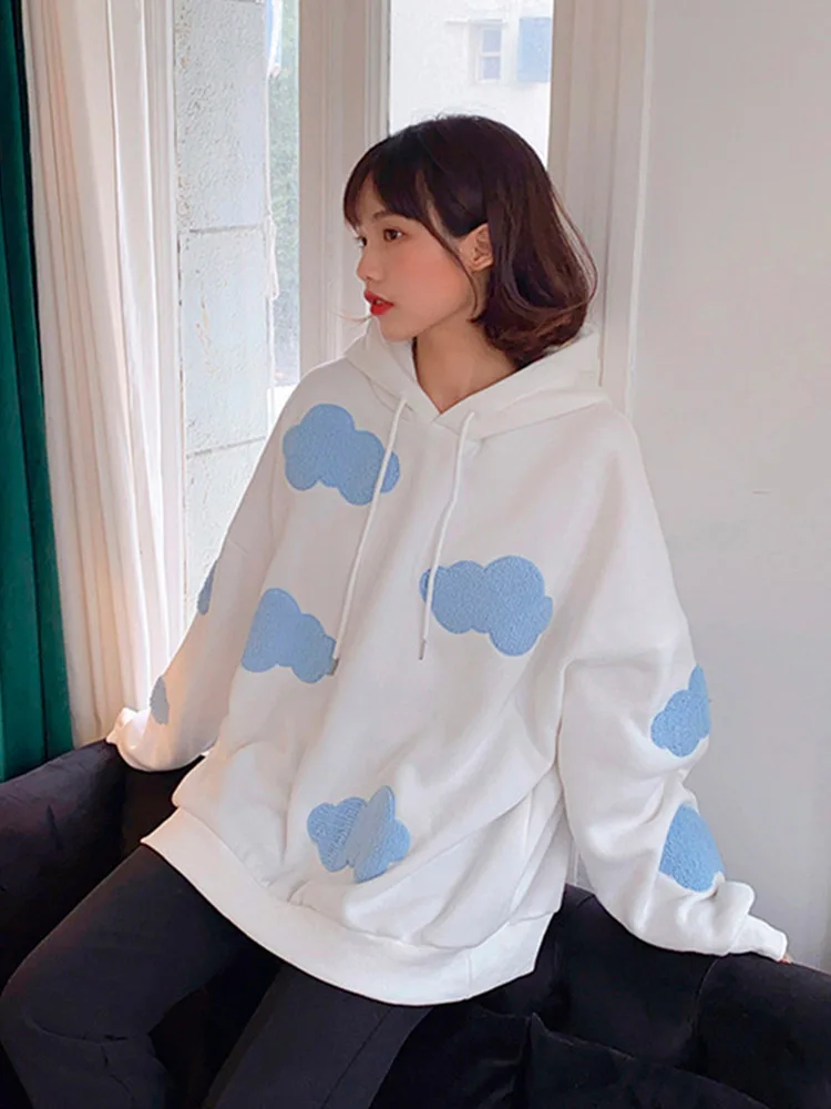 Korean Sweatshirt Women Winter 2024 Fashion Clouds Women's sweaters Plus velvet Warm sleeves Tops Temporary hoodies Kawaii Femal