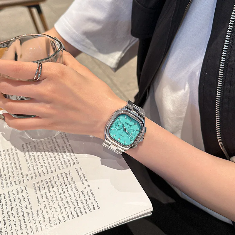 ساعة كوارتز مربعة أنيقة وأنيقة مع تقويم، للجنسين، ساعة رجالية ونسائية، ساعة زوجية فاخرة.