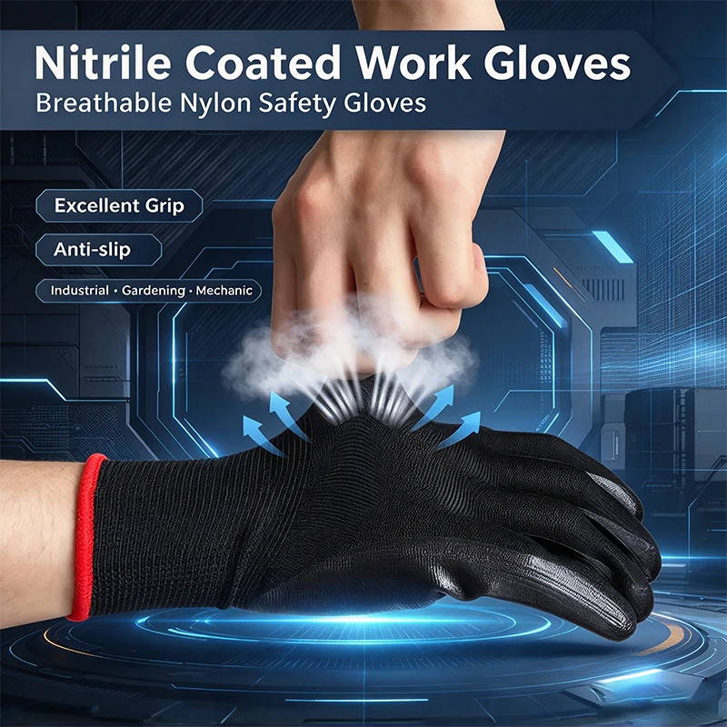 Nitrile Coated Work Gloves 1 Pair Nylon Safety Excellent Grip Anti-slip For Industrial Gardening Builders Mechanic Protective Gl