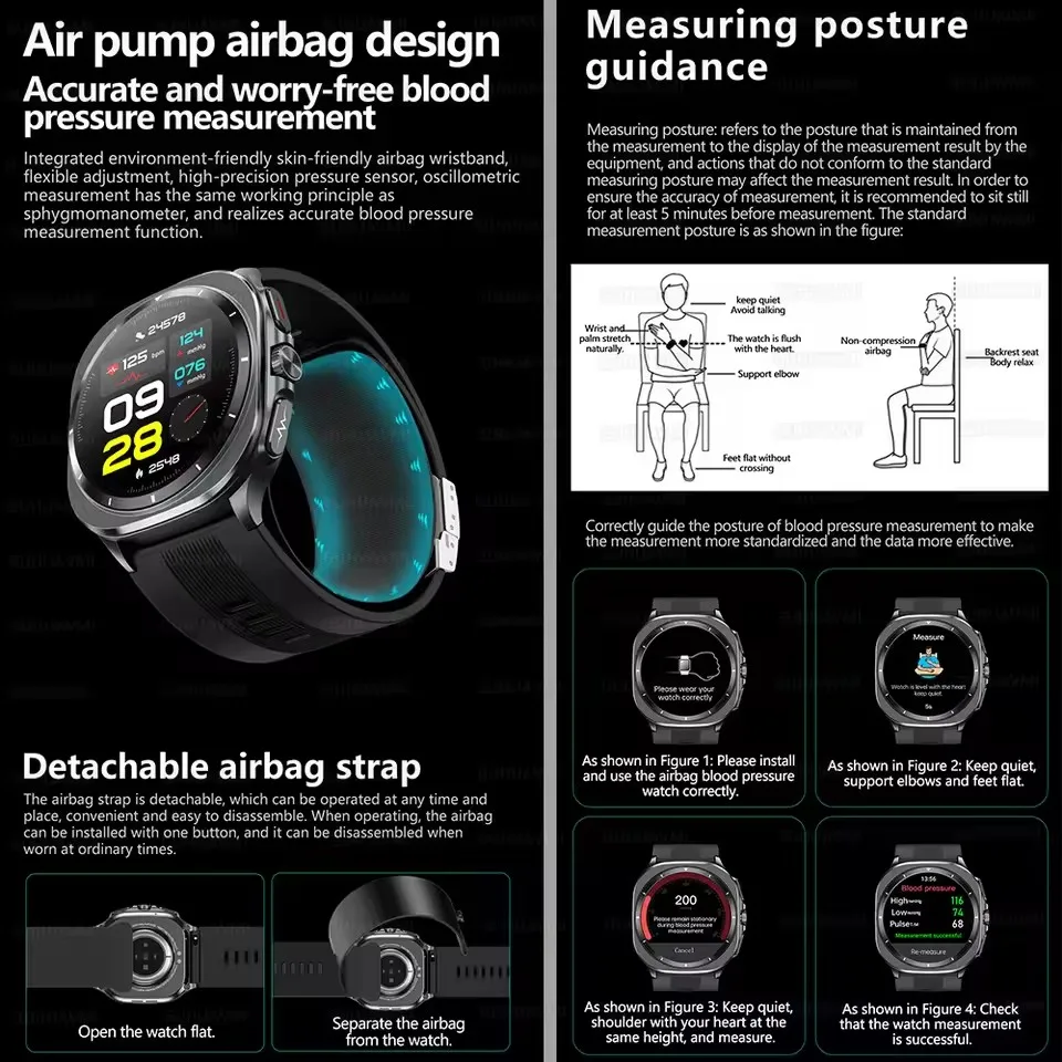 Misurazione dell'airbag Smart Watch Uomo ECG Pompa d'aria Pressione sanguigna Ossigeno nel sangue Chiamata BT NFC SmartWatch per uomo Android iOS aggiornamento