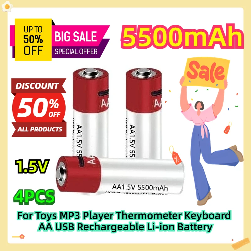 

For Toys MP3 Player Thermometer Keyboard AA USB Rechargeable Li-ion Battery 1.5V 5500mah 4pcs