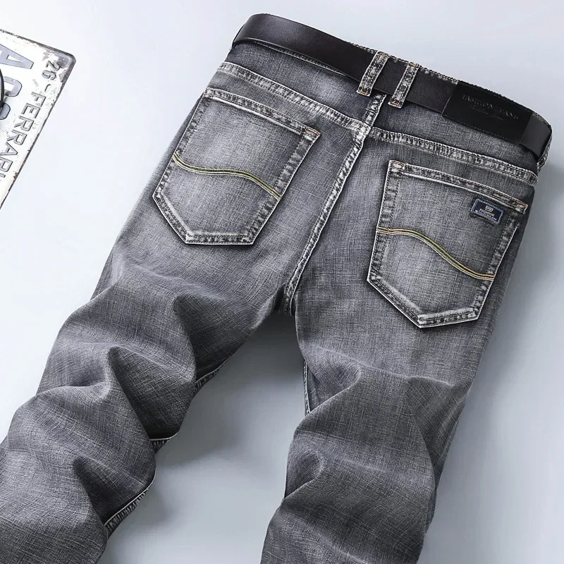 Classic Style Summer Men\'s Thin Grey Jeans Business Fashion High Quality Stretch Denim Straight Pants Male Brand Trousers