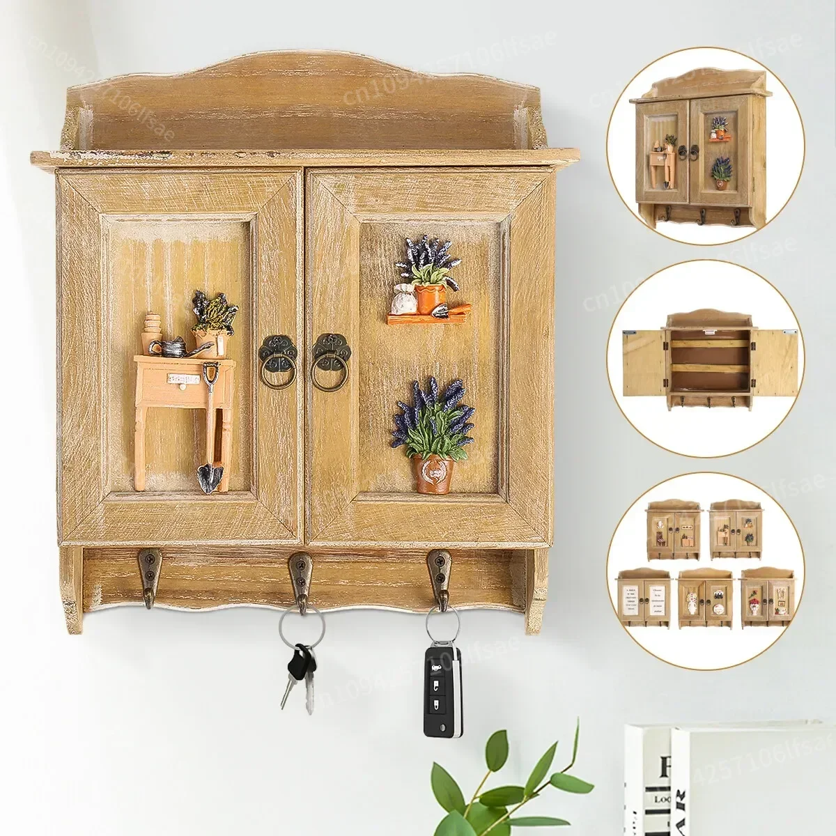 

For Home Living room Decor Retro Wooden Double Doors Key Box Organiser Rack 9 Hooks Key Cabinet Wall Mounted Brackets Holder