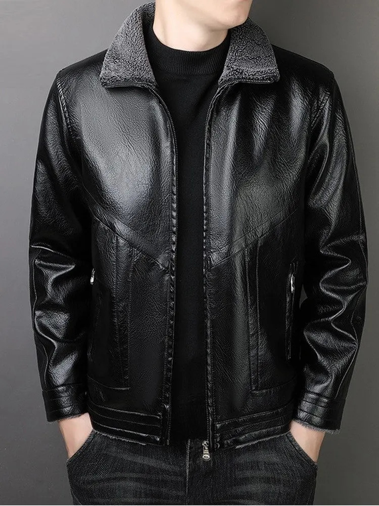 

Мужская приталенная кожаная куртка из мягкой кожи с флисовой подкладкой, утепленная, осенне-зимняя, молодежная верхняя одежда в корейском стиле, из натуральной кожи