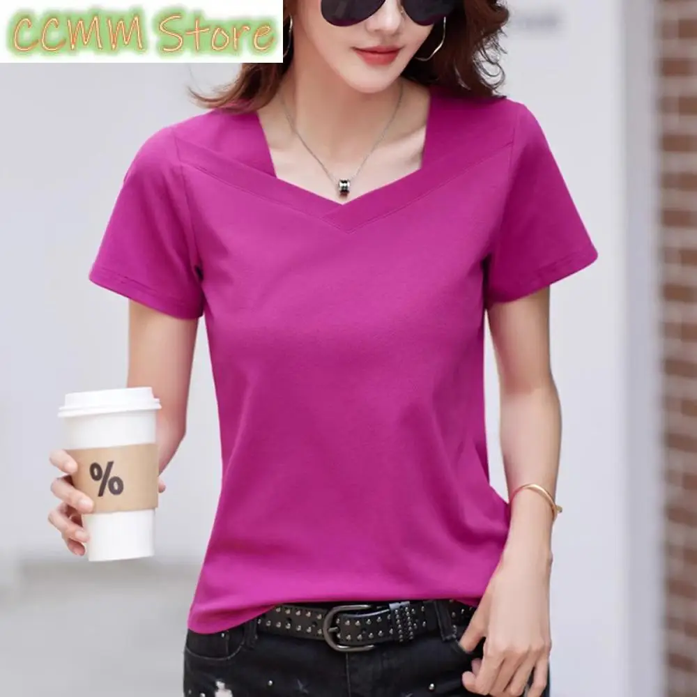Korean version short sleeved t-shirt for women's summer new high-end fashion light luxury V-neck loose oversized casual top