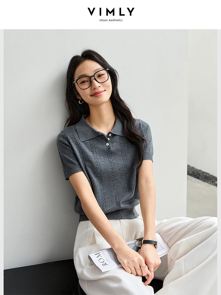 VIMLY Women's Office Lady Knitted Pullover 2025 Summer Casual Short Sleeve Straight Top Simple Elegant Slim Lapel Knitted Top