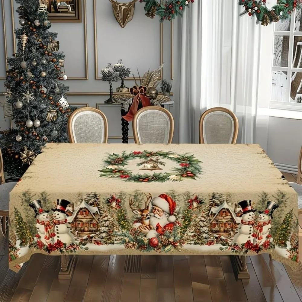 Polyester Christmas Tablecloth Round/Rectangle Santa Claus Print Holiday Table Decor Xmas Tablecloth New Year Celebration