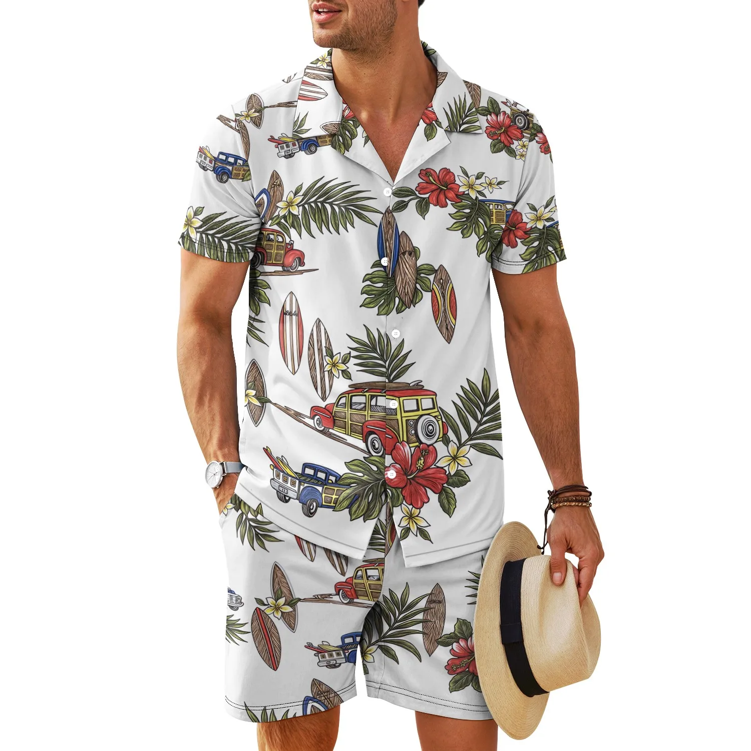 

Casual And Fashionable Short-sleeved Shirt Set, Fun And Style Tropical Palm 3D Printed Hawaiian Men's Shirt And Shorts Set