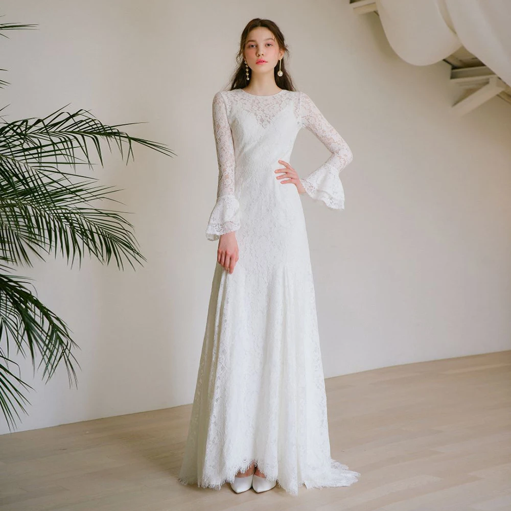 Soft Lace Winter Wedding Dress O Ncek Long Sleeves A Line Sweep Train Korean Style Bridal Photoshoot Romantic Dress TSWD527