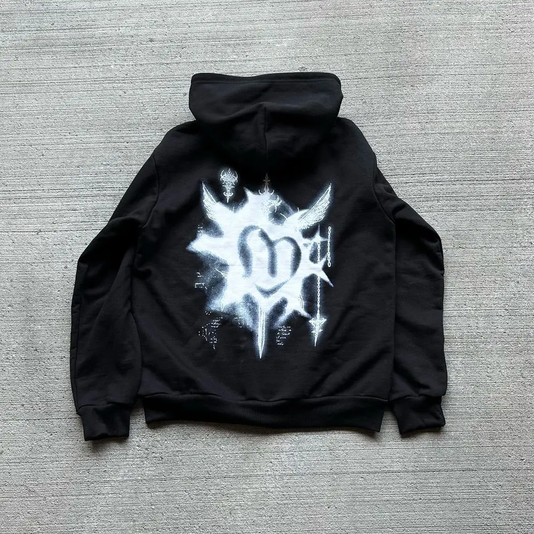 Y2K debuts casual black loose fallen angel print hoodie on the whole network, European and American student couple explosive top