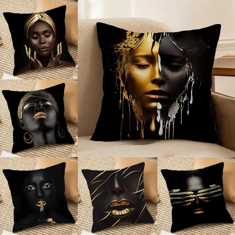Black Gold African Lady Woman Style Cushion Cover Soft Plush