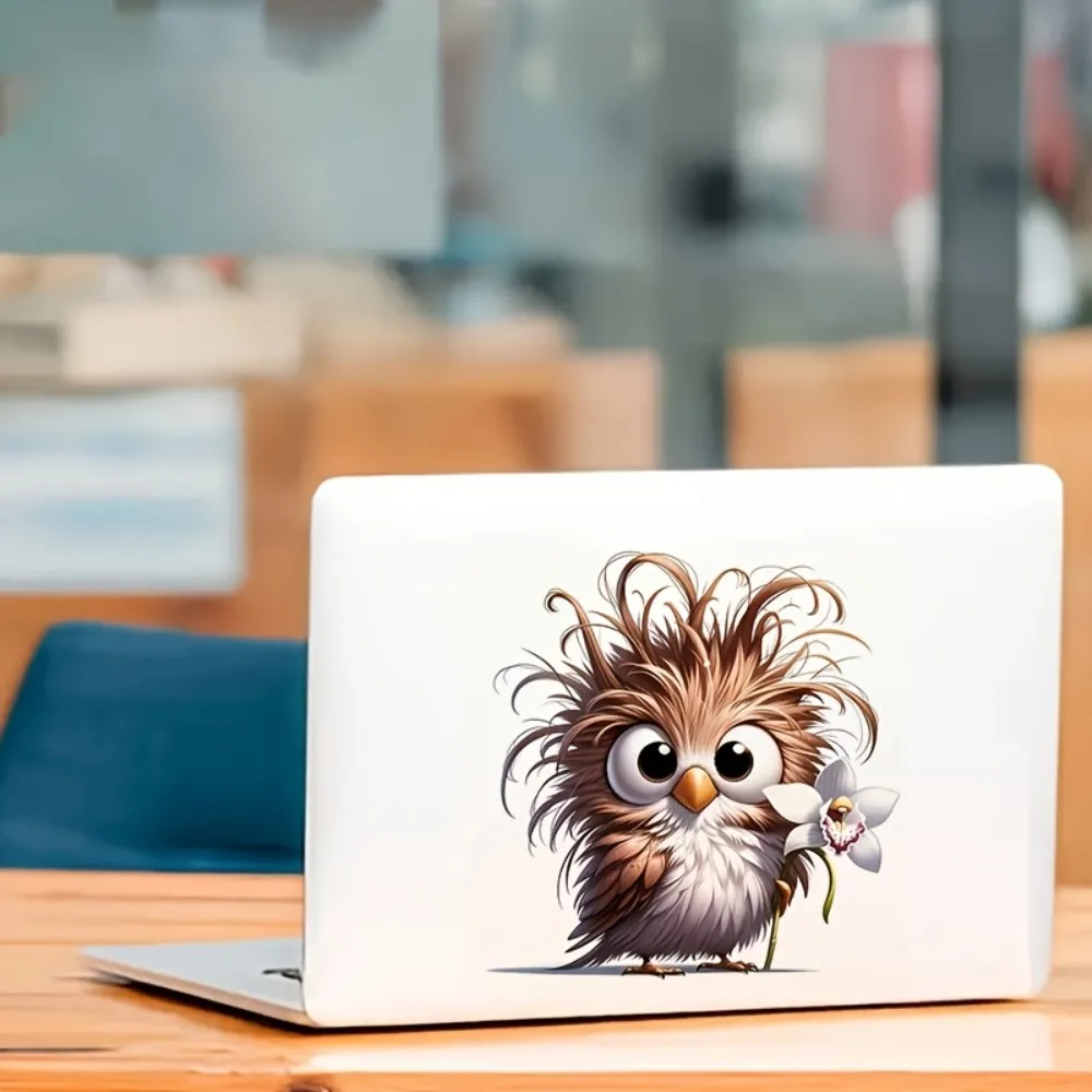 Cute toon Owl Vinyl Sticker Flash Fantasy Design with Purple Flowers Self-Adhesive Suitable for Lapt Trendy Car Laptop W