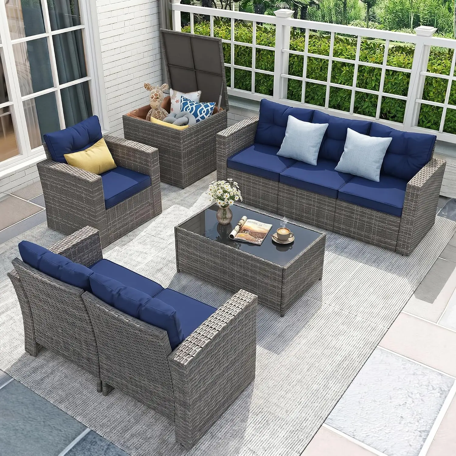 8 PCS Patio Sofa Set With Storage Box & Coffee Table, Navy Blue, Customized