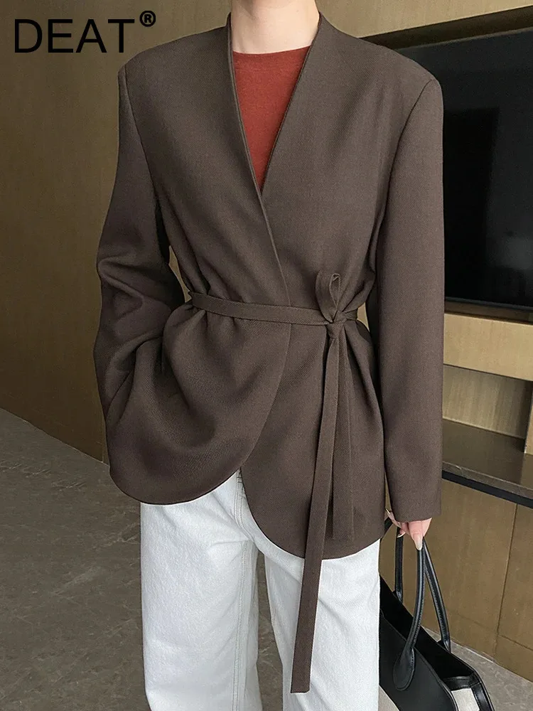 DEAT Fashion Women's Blazer V-neck Long Sleeves Loose Sashes Soild Color Simple Suit Jackets Autumn 2025 New Tide 7AB6173