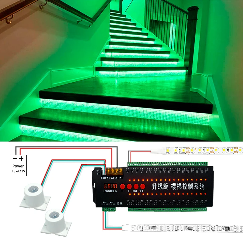 

Pir Motion Sensor Stair Step Strip Controller Dc12V 24V 36 Channel Stair Led Light Daul Motion Sensor Led Stair