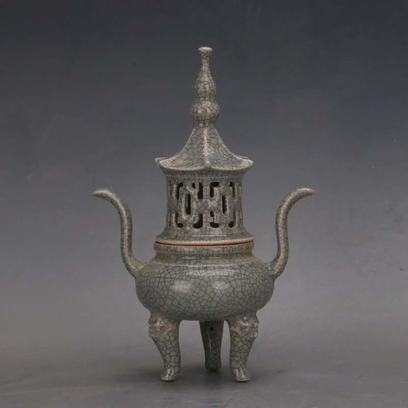 

10.2" Good Chinese Porcelain Ru Kiln Green Glaze Hacking Two Ear Incense Burner