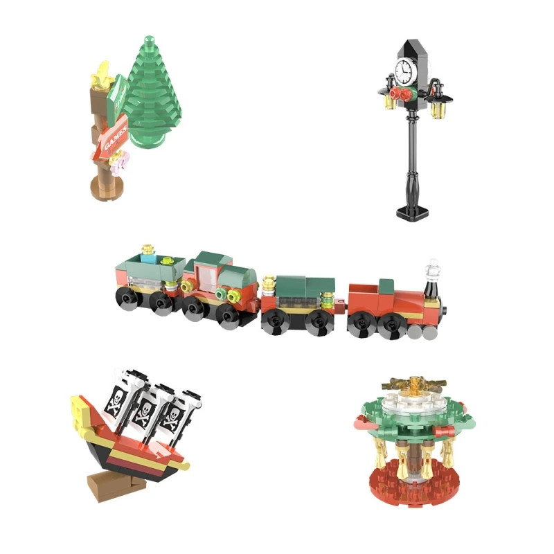 MOC 24 Piece Christmas Amusement Park Model Building Blocks Train Elk Ferris Wheel Sleigh Bell Tower Pirate Ship Brick Toy Gift