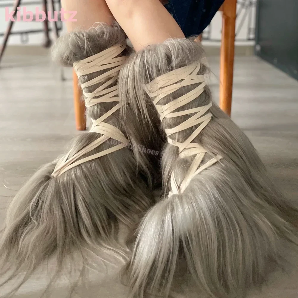 

Faux Fur Mid Calf Boots Lace-Up Platform Furry Winter Warm Round Toe Height Increasing Fashion Novelty Concise Sexy Women Shoes