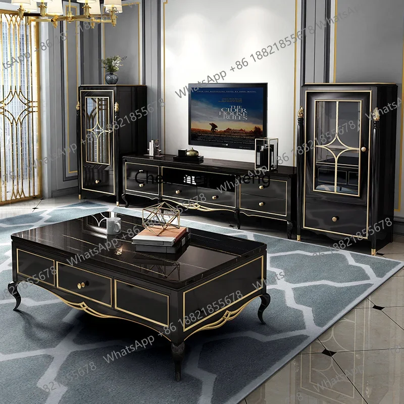 

Комбинация журнального столика и тумбы под телевизор из массива американского дерева z10 с ящиками, современный, лаконичный, в стиле лёгкой роскоши, чёрного цвета, для европейской гостиной.