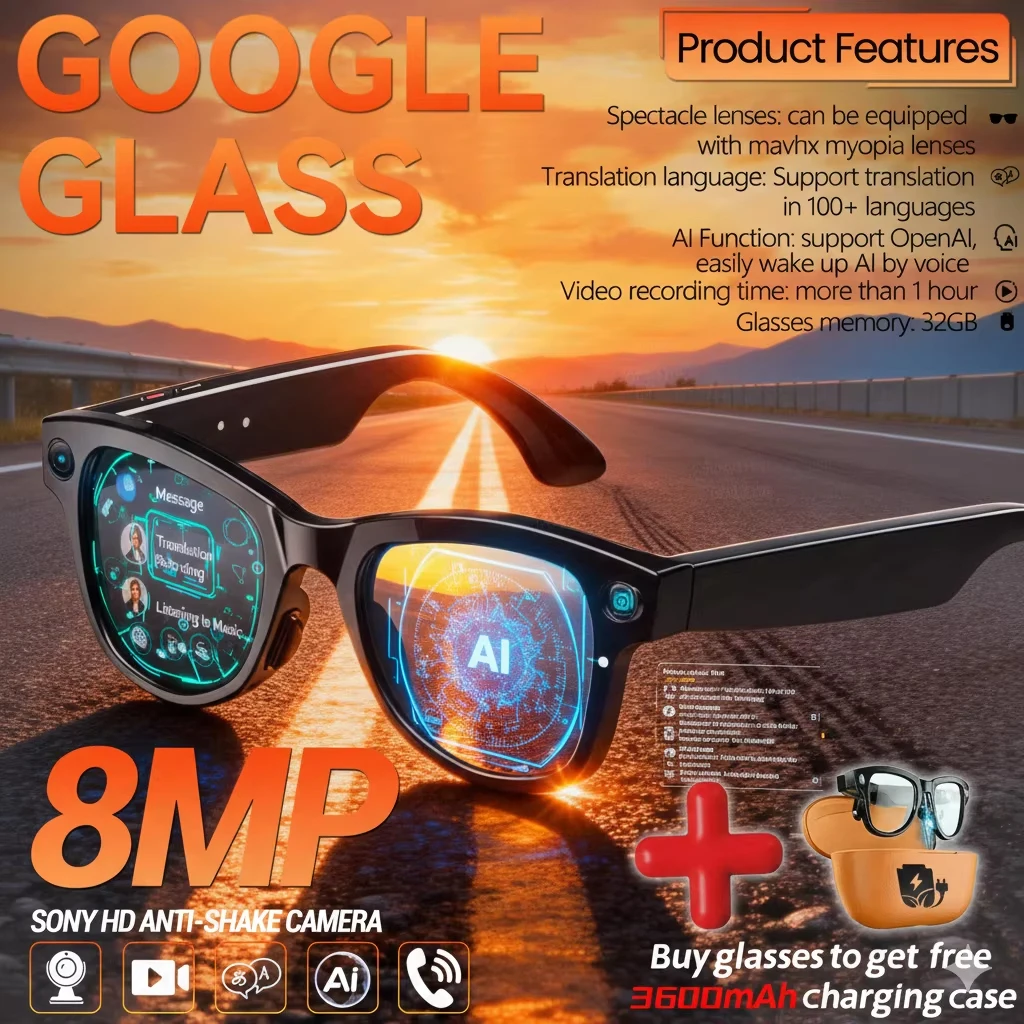 2026년형 새로운 8MP 카메라 스마트 AI 안경 3600mAh 충전 케이스 보조배터리 1080P HD 카메라 ChatGPT 32GB 번역 비디오 선글라스