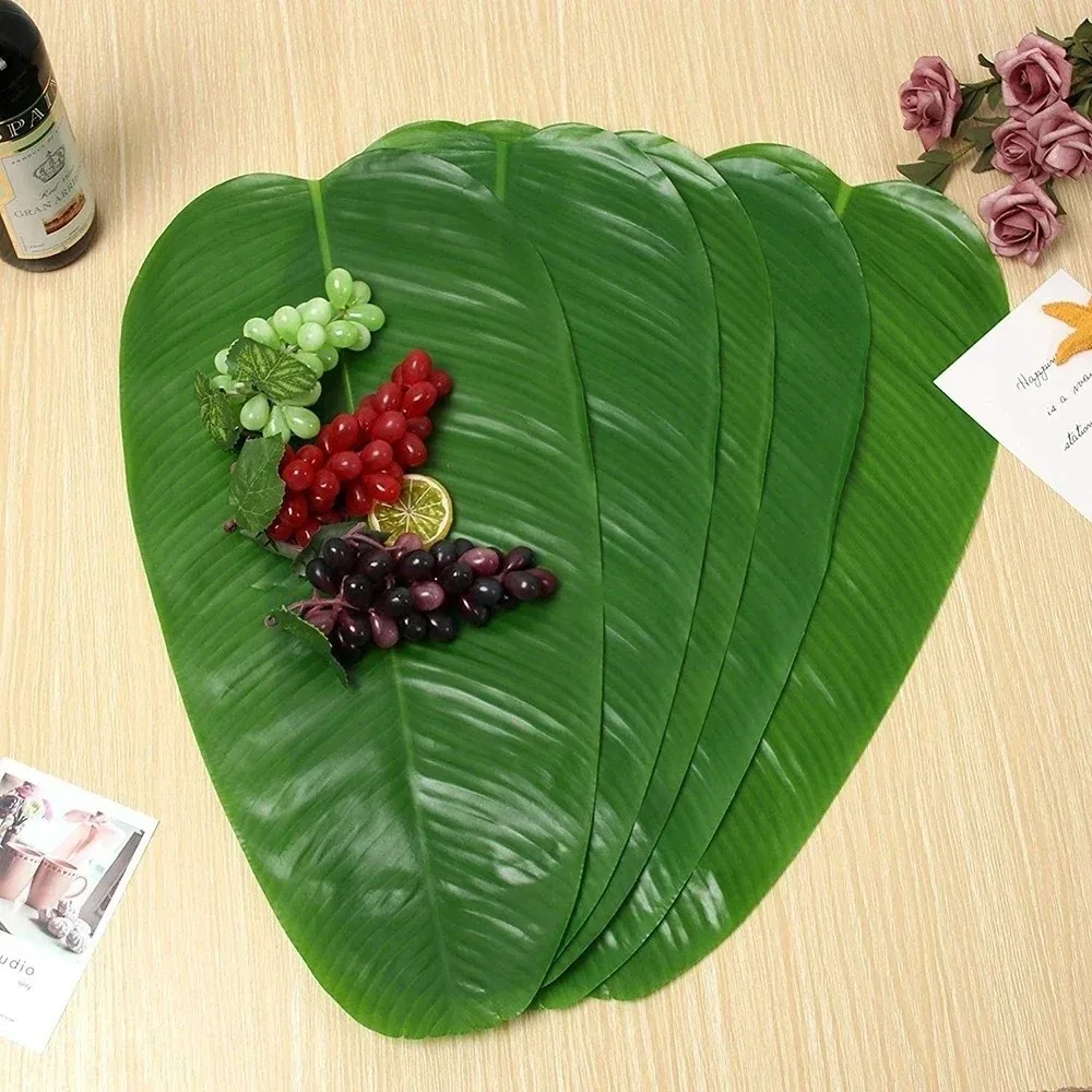5Pcs Heat Resistant Artificial Banana Leaves Simulation Waterproof Faux Lotus Leaf Coasters Decor Anti Skid Kitchen Placemats view 2