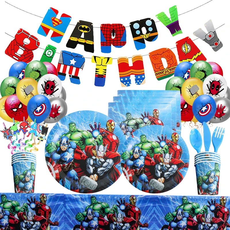 MARVEL SuperHero Birthday Decorations Disposable Tableware Plates Cups Tablecloth Balloon The Avengers Iron Man Party Supplies