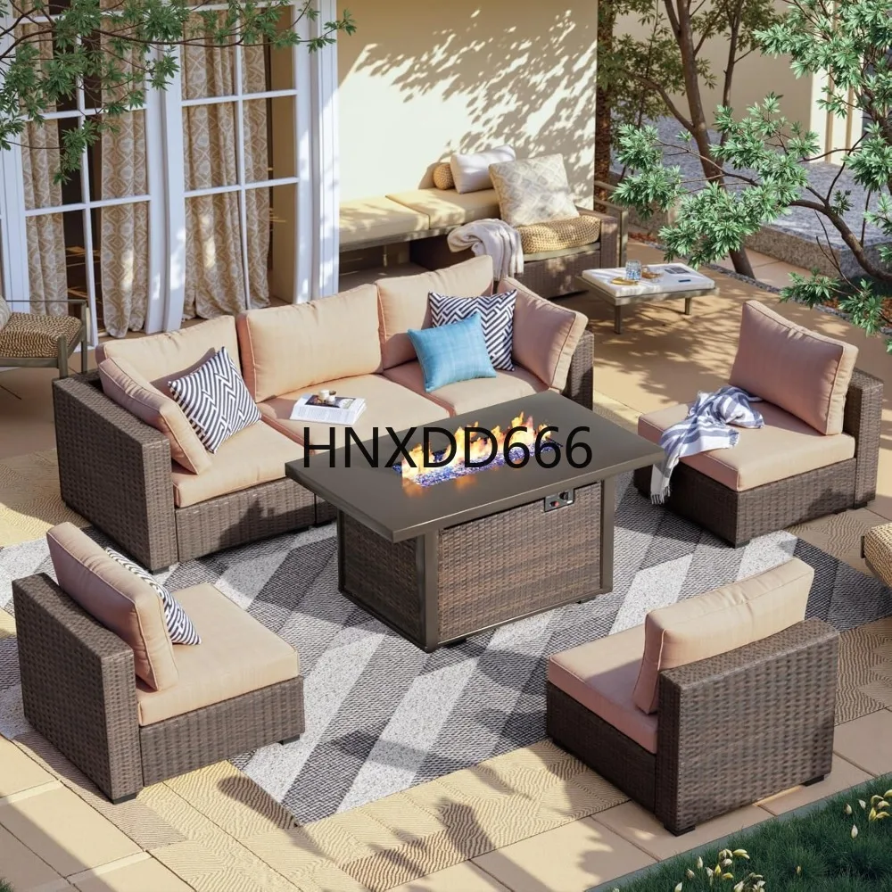 

7 Piece Patio Furniture Set with Fire Pit Table Outdoor Sectional Conversation Sofa Set with Coffee Table