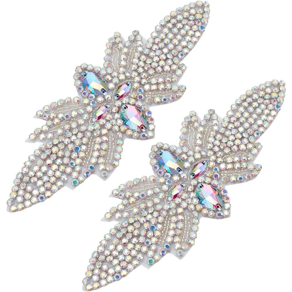 

2 PCS Rhinestone Patches 7x2.7inches AB Color Rhinestone Iron on/Sew on Patches Glitter Wedding Rhinestone Appliques for Bridal