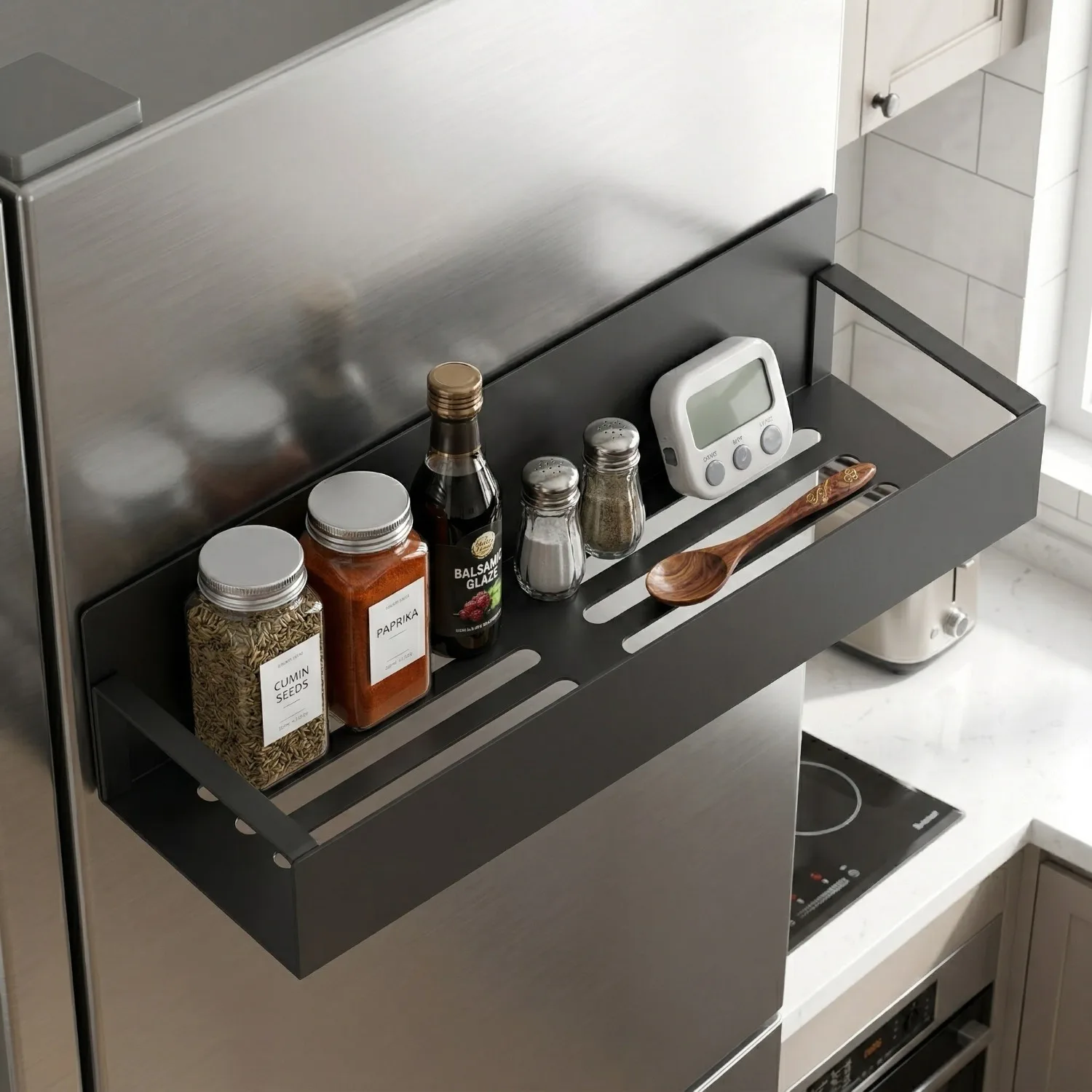 

1 шт. Мощная магнитная полка для хранения на холодильник из углеродистой стали, полка для специй на холодильник с сильным магнитом, компактная полка для хранения, экономящая пространство