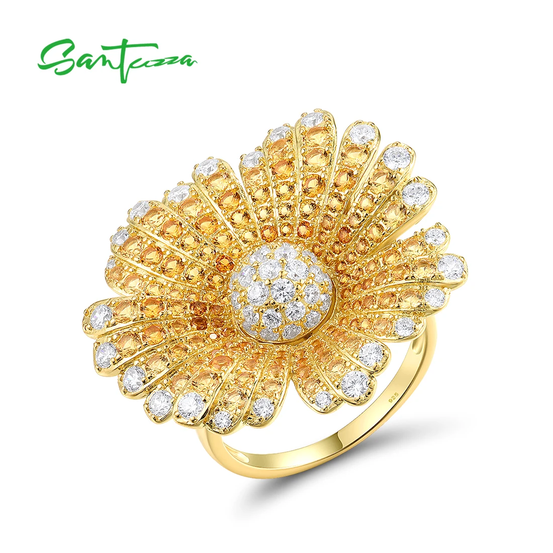 

SANTUZZA 925 Sterling Silver Rings For Women Sparkling Yellow Nano Crystal Gorgeous Sun Flower Elegant Wedding Fine Jewelry