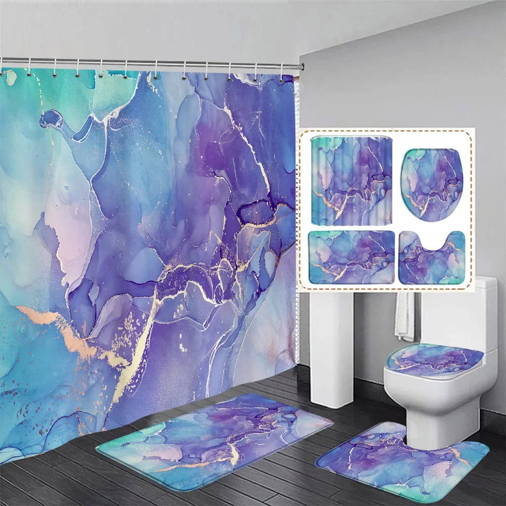 Green Marble Shower Curtain Set Creative Watercolor Ink Art Geometric Modern Bathroom Decor Floor Rug Bath Mats Toilet Lid Cover