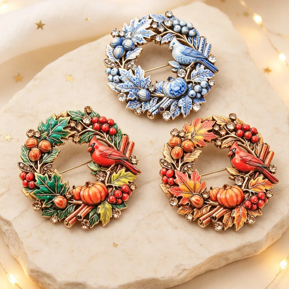 Autumn Wreath Bird Badge Pumpkin Maple Leaf Berry Enamel Badge Retro Metal Decor Ornament for Clothing Bag Scarf
